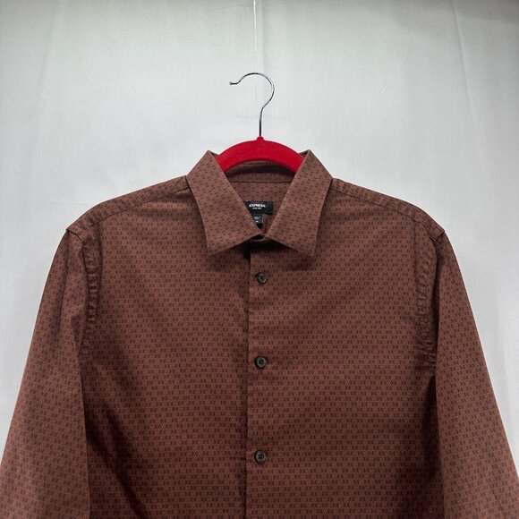 Express 1MX Shirt Mens M Button Up Long Sleeve Stretch Collared Geometric Brown - Picture 3 of 11